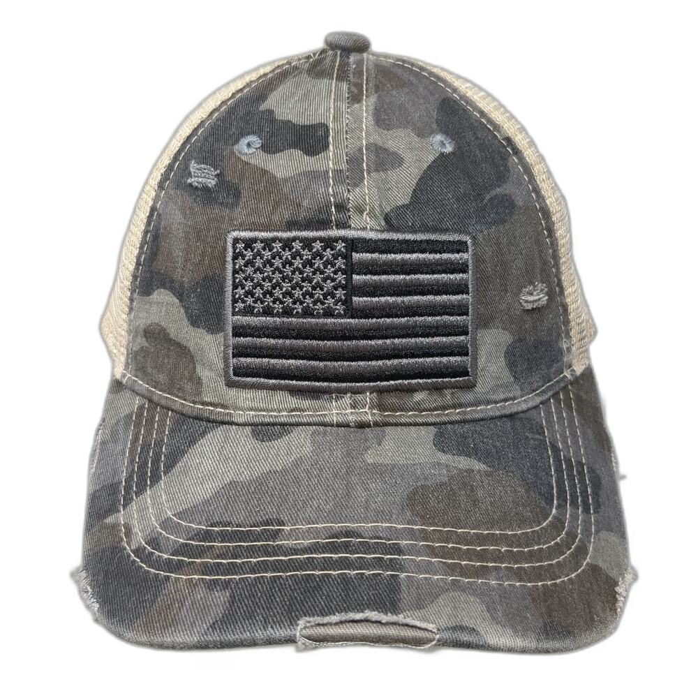 C.C Baseball Cap Gray One Size Distressed Camo American Flag Mesh Adjustable Hat